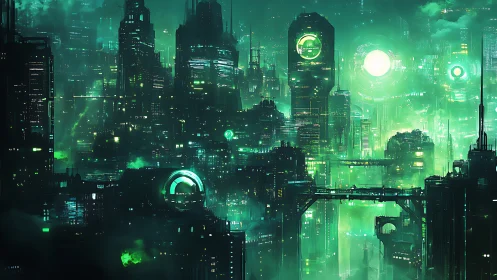 Emerald cyberpunk megacity skyline with luminous data cores