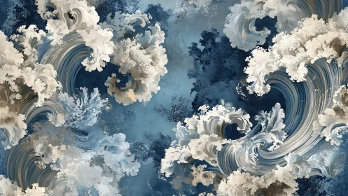 Swirling abstract ocean waves in blue and white motion.