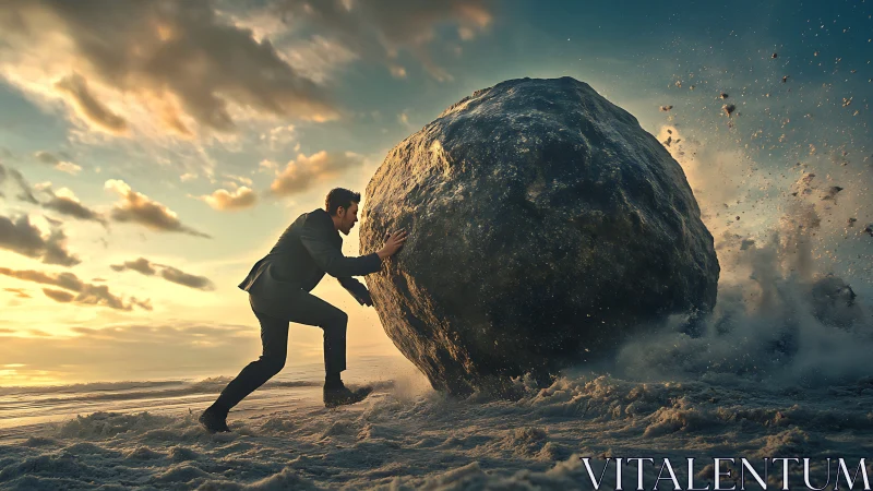 Man pushing massive boulder at sunset on beach sand.