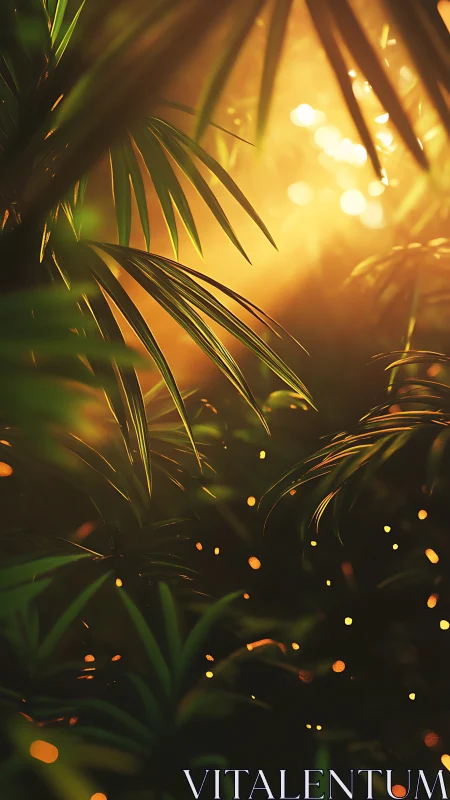 Golden light filters through lush tropical jungle leaves
