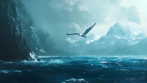 Lone sea bird glides between storm cliffs and icy mountains.