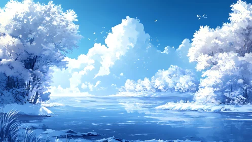 Luminous winter river landscape under radiant blue sky.