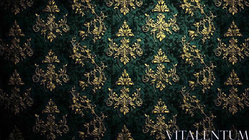 Ornate golden damask flourishes glow on deep emerald backdrop.