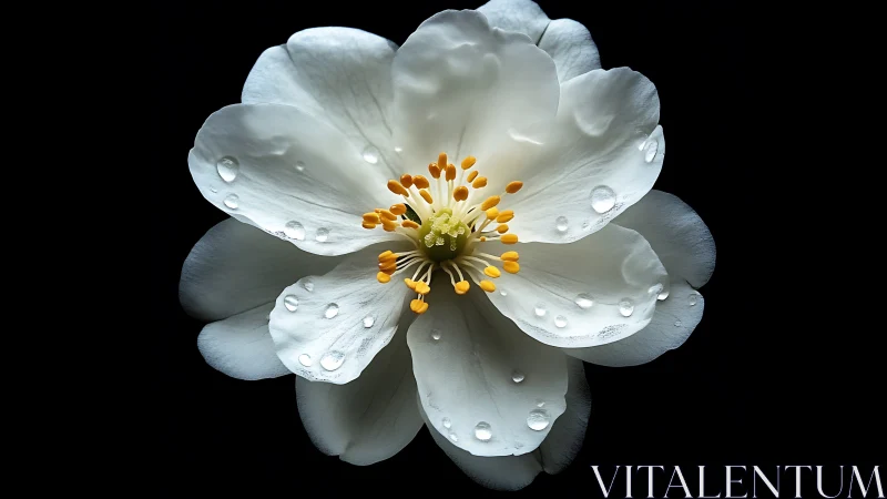 Crystalline Petals: Dew-Kissed Bloom Against Obsidian Night.