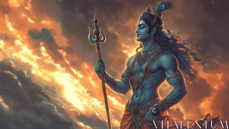 Mythic blue-skinned warrior holding trident at sunset.