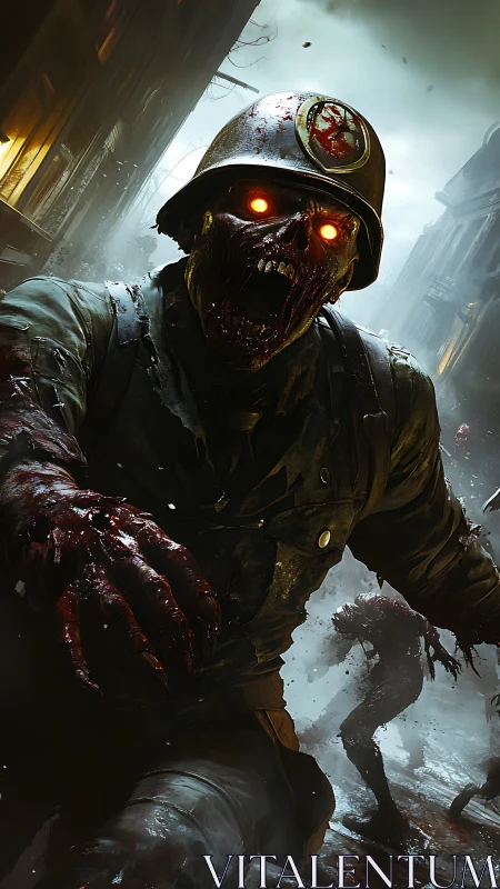 Undead soldier lunges through war-torn alley in toxic haze.