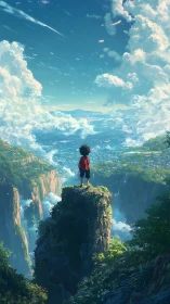 Young dreamer gazes over a vast valley of clouds and light