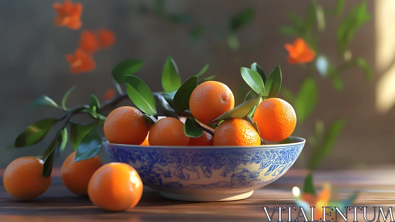 Mandarins in blue porcelain bowl under soft warm light.