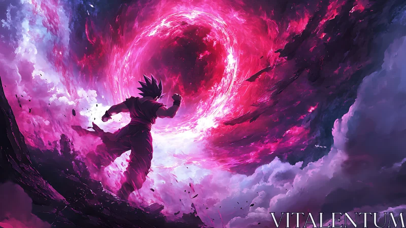 Heroic anime warrior facing a swirling cosmic portal.