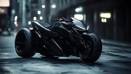 Midnight predator bike stalks neon-soaked urban streets.