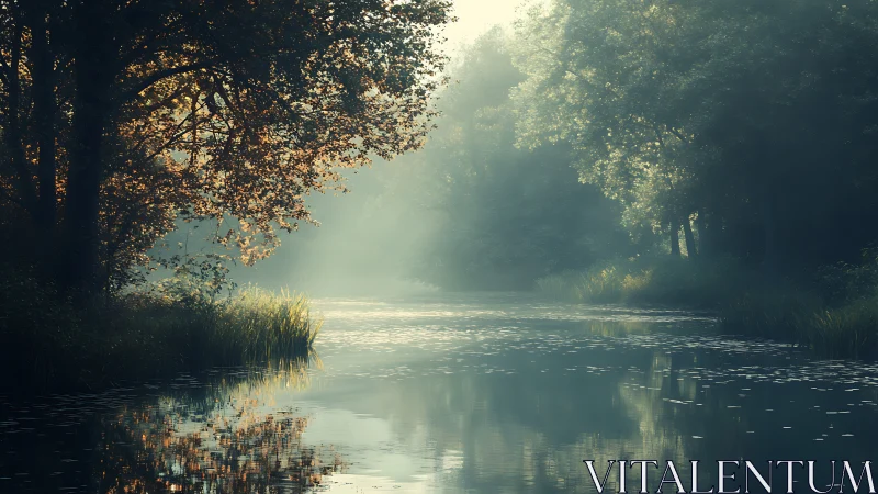 Digital painting of misty riverside woodland in soft dawn light.