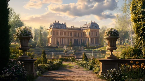 Sunlit French chateau rises over serene ornamental gardens