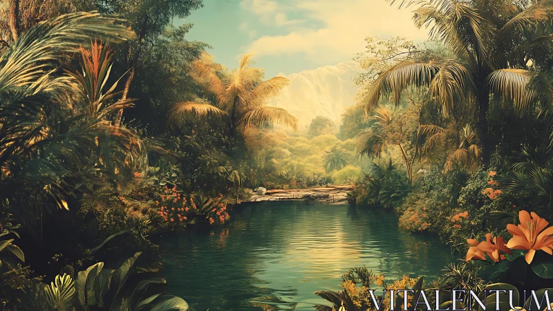 Lush tropical lagoon under warm cinematic golden daylight.