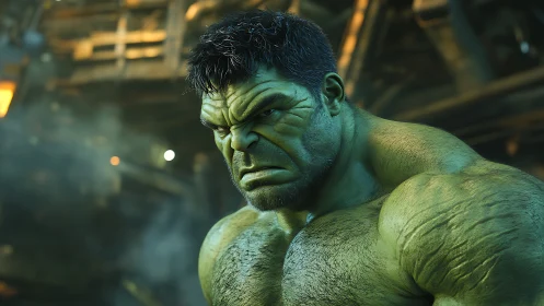 Hyper-detailed green humanoid brute in industrial backlight