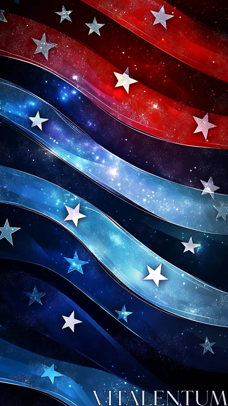 Glowing American flag waves shimmer with cosmic star light