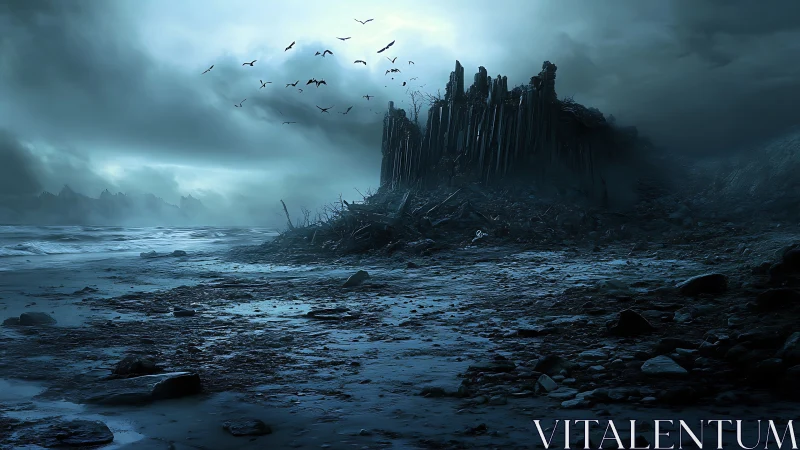 Tide of twilight washing over a crumbled seaside fortress.