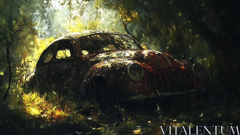 Rusting vintage car sits overgrown in dense forest light