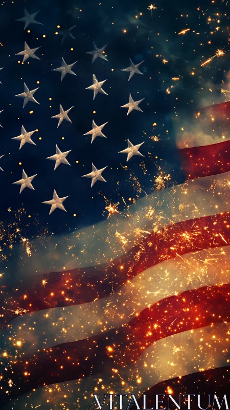 American flag glows with fiery celebratory fireworks light