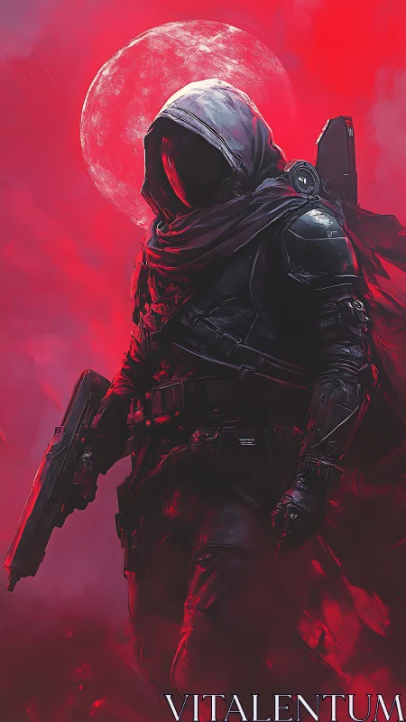Hooded cybernetic operative advances under a blood-red moon