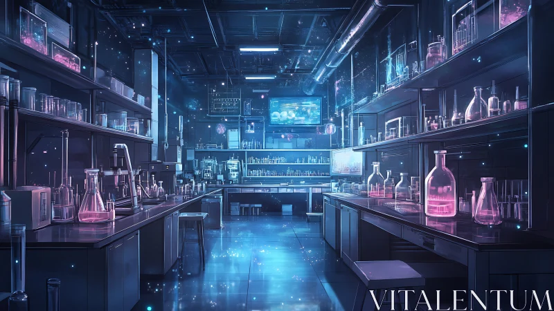 Neon-lit futuristic chemistry laboratory with glowing reagents