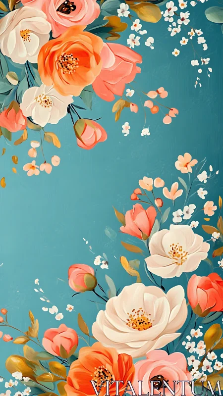 Cascading Blooms Dance Against Teal's Serene Canvas