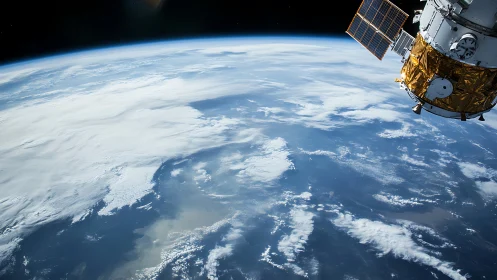 Orbital satellite gently watches Earth’s bright blue horizon