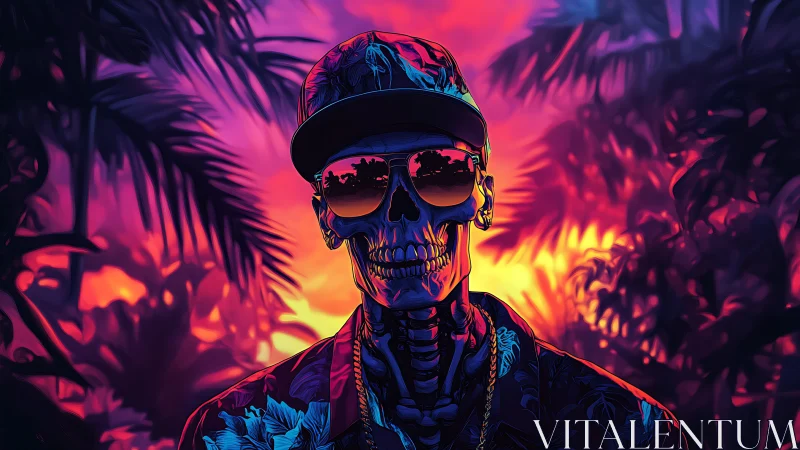 Sunset neon skull strolls through a bold tropical twilight
