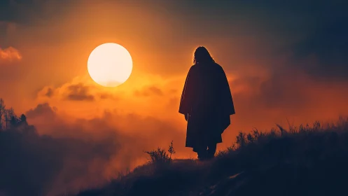 Solitary robed figure walks hillside beneath blazing sunset sun