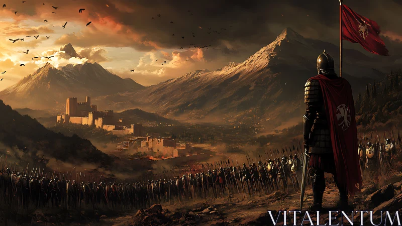 Armored warlord surveys crimson dawn above besieged valley.