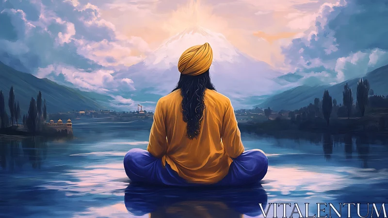 Back-lit meditating figure observes luminous mountain over lake