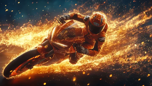 Blazing motorcycle racer carves a trail of fiery speed and light