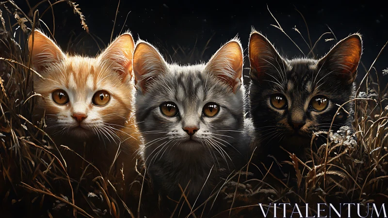 Three Felines with Amber Ocular Geometry Rendered in Hyperrealistic Digital Composition