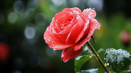 Crimson bloom performs a dewdrop dance after the rain