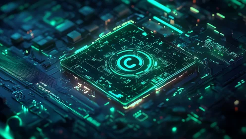 Glowing digital copyright chip core on futuristic circuit board.