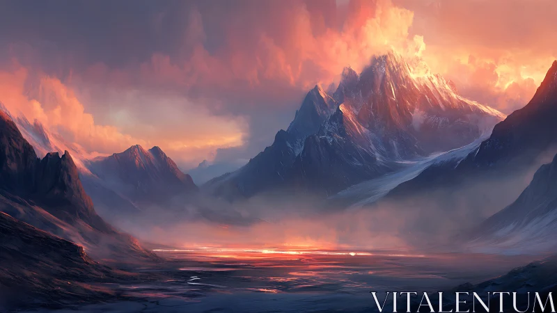 Fiery mountain dusk over misty valley and glowing river.