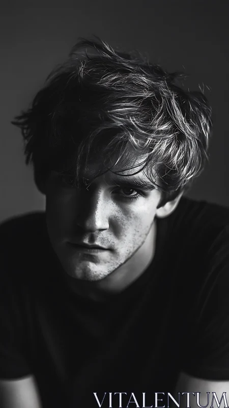 Low-key monochrome male portrait with sculpted chiaroscuro lighting.
