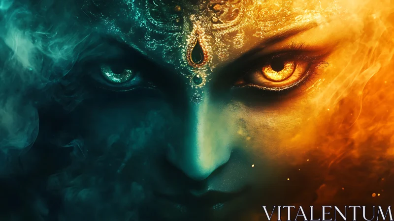 Dual-toned mystical face with intense glowing eyes.