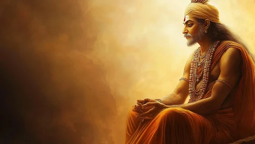 Contemplative sage in volumetric golden atmospheric field.