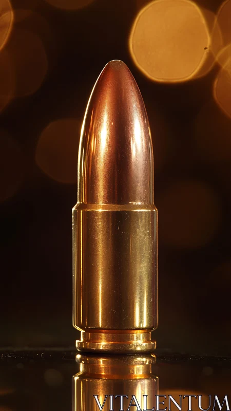 Single brass pistol cartridge stands upright with reflective surface
