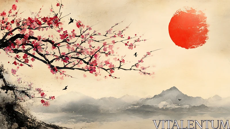 Crimson sun over ink-wash mountains and cherry blossoms.