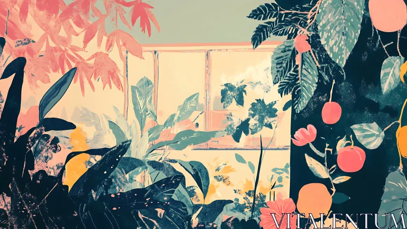 Tropical greenhouse window with stylized foliage and fruit study.