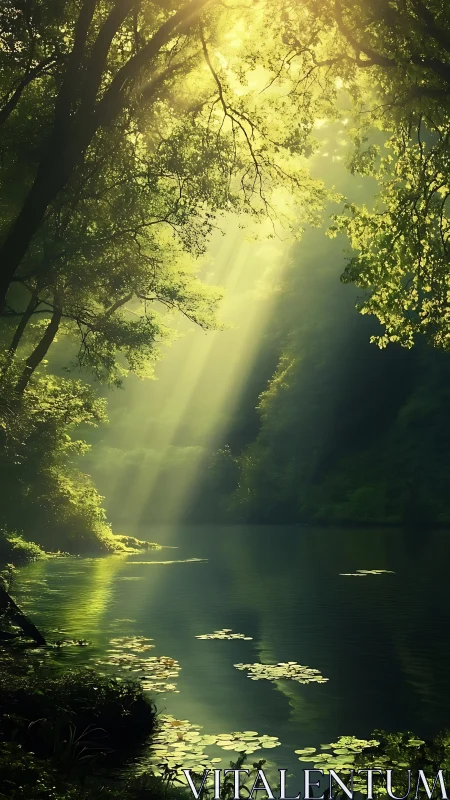 Sunlit forest lagoon with cinematic volumetric light beams.