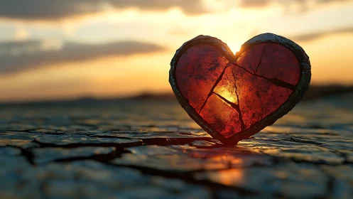 Red heart-shaped object illuminated by sunset on water surface.