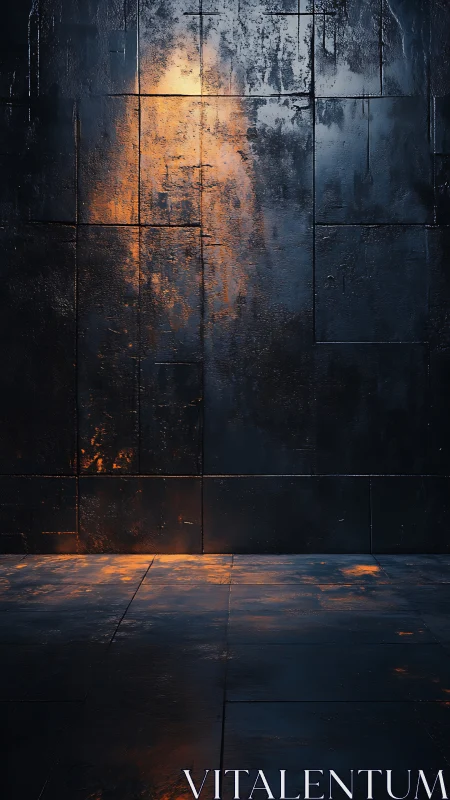 Industrial steel wall with molten amber light reflections.