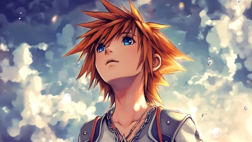 Spiky haired anime boy gazes upward under glowing sky