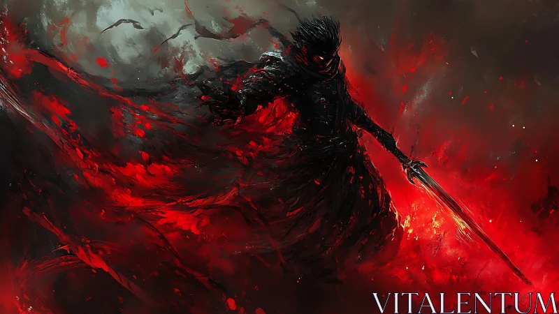 Shadowblade walks the burning storm of crimson embers.