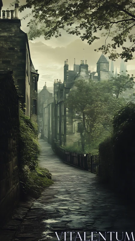 Foggy old stone alley leading to historic town center.