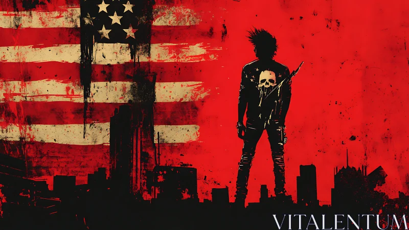 Silhouetted figure stands before distressed flag backdrop