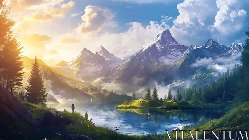 Sunlit mountain valley where quiet water mirrors wonder.