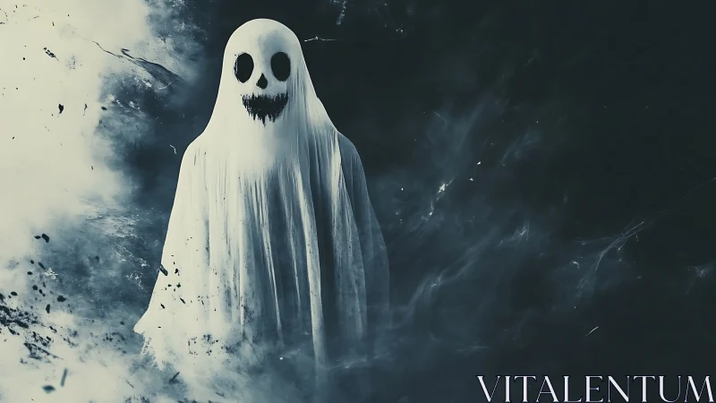Whispering sheet ghost adrift in stormy midnight fog.